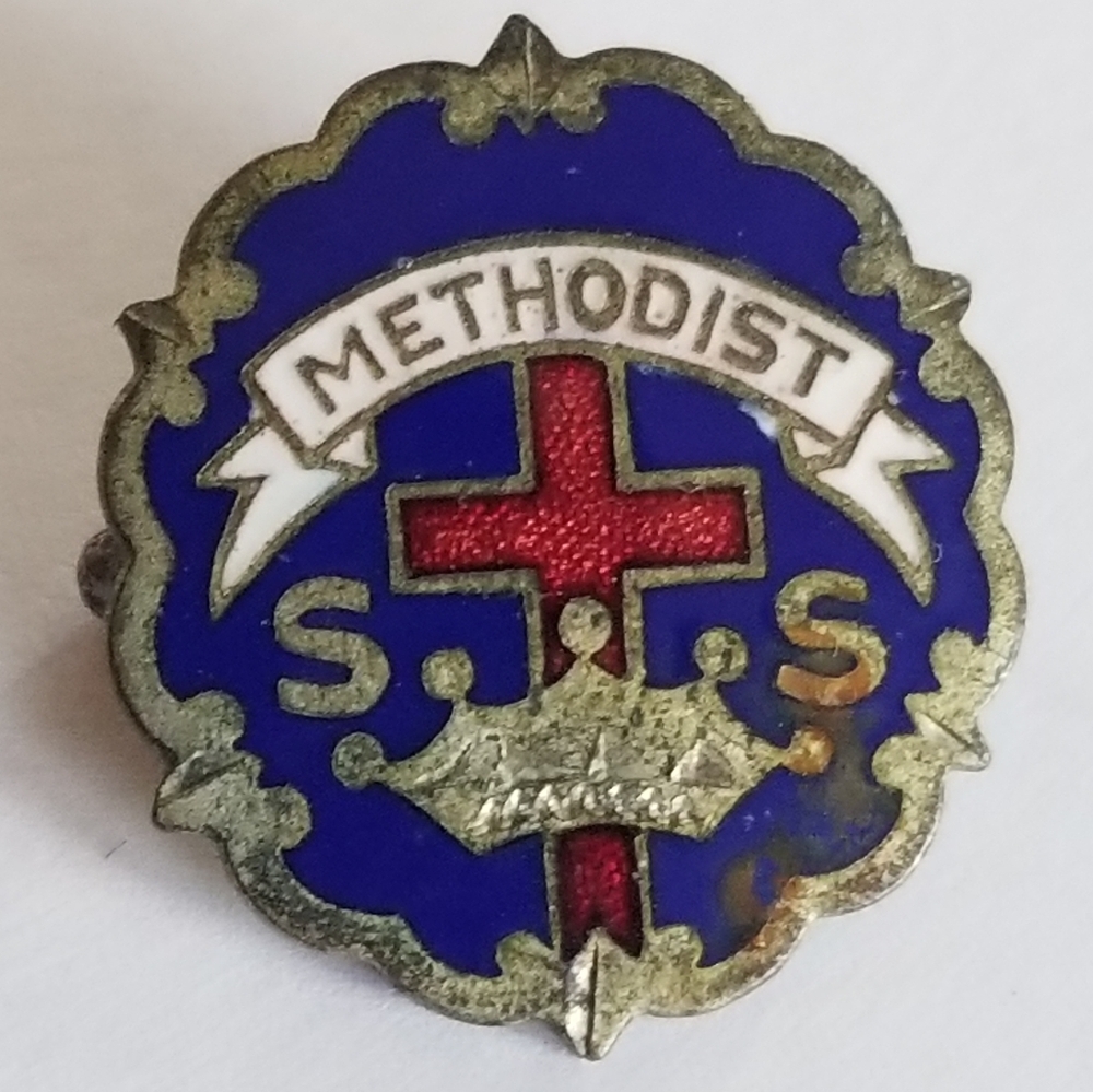 Vintage Methodist Sunday School pin brooch Little System blue silver tone